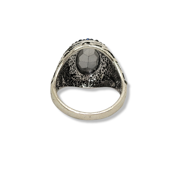 Silver Edwardian Faceted Blue Crystal and Round Hematite Ring Size 10 - Picture 6 of 6